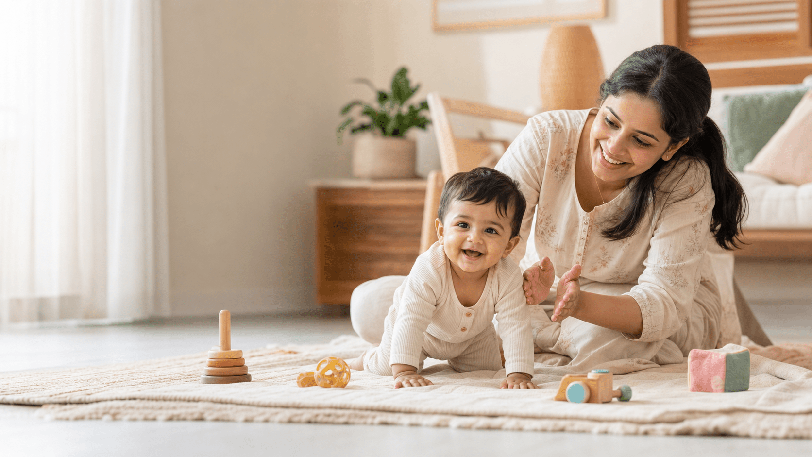 South Asian mother encouraging her crawling baby in a warm home living room