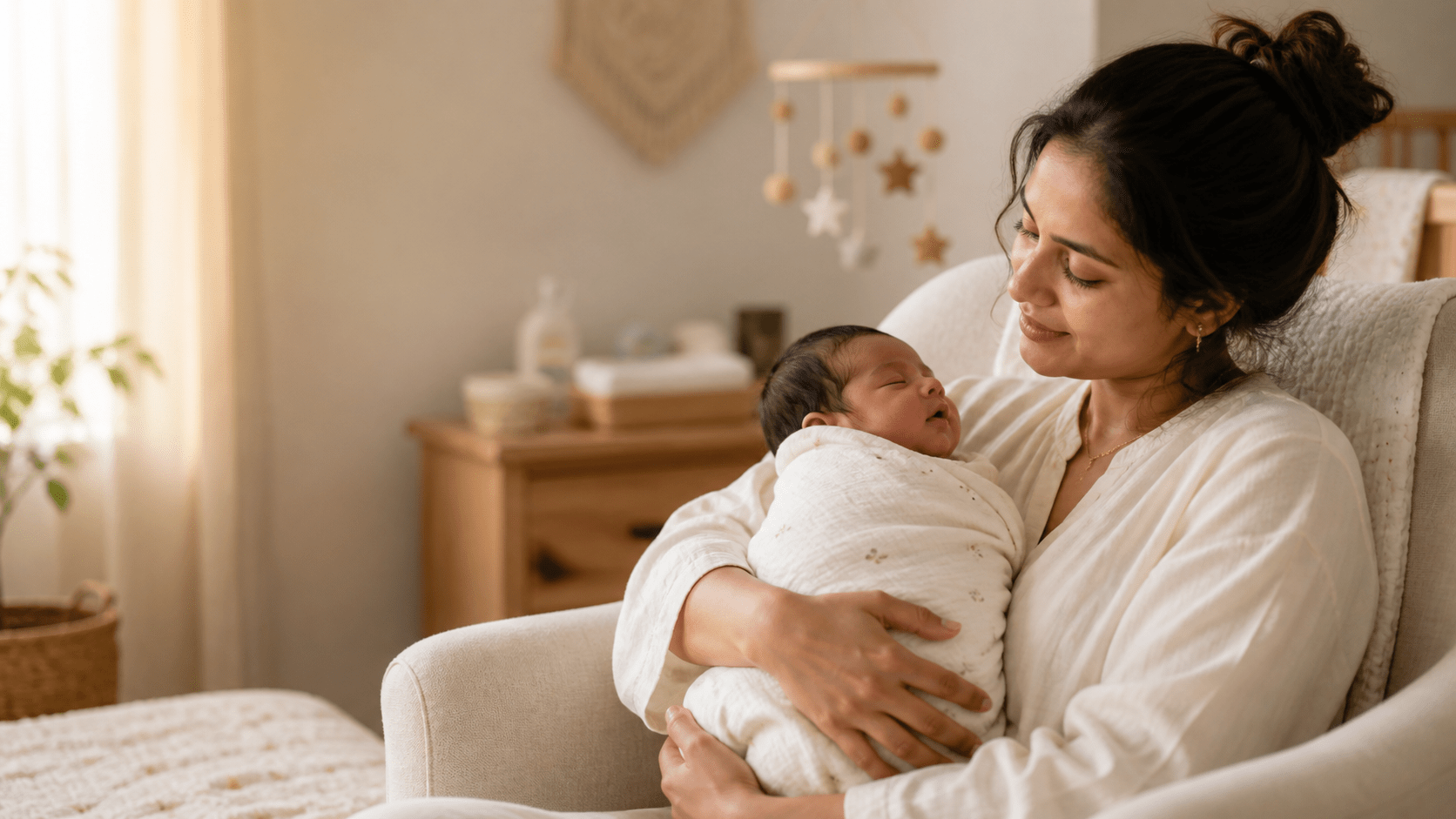 South Asian mother holding her swaddled newborn in a softly lit nursery